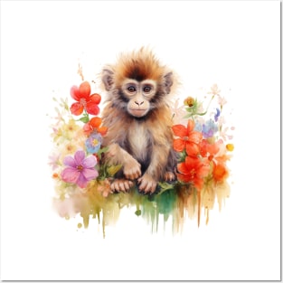 Watercolor picture of a cute little monkey with beautiful colored flowers. Posters and Art